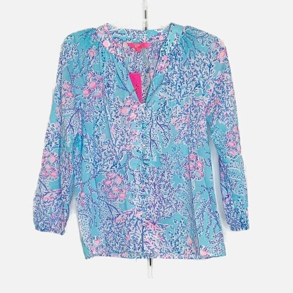 Lilly Pulitzer Coleman Top Now You Sea Me Blue Ibiza Button Up Size X-Small New - Picture 5 of 12